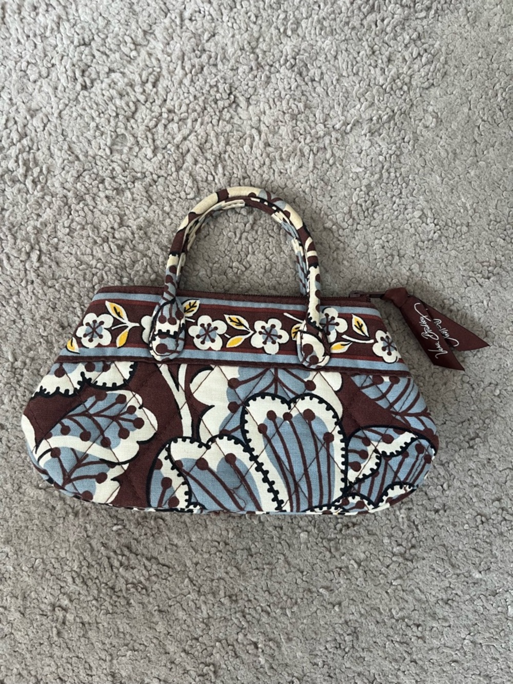 Vera Bradley Brown, Blue & Cream Quilted Floral Wristlet
